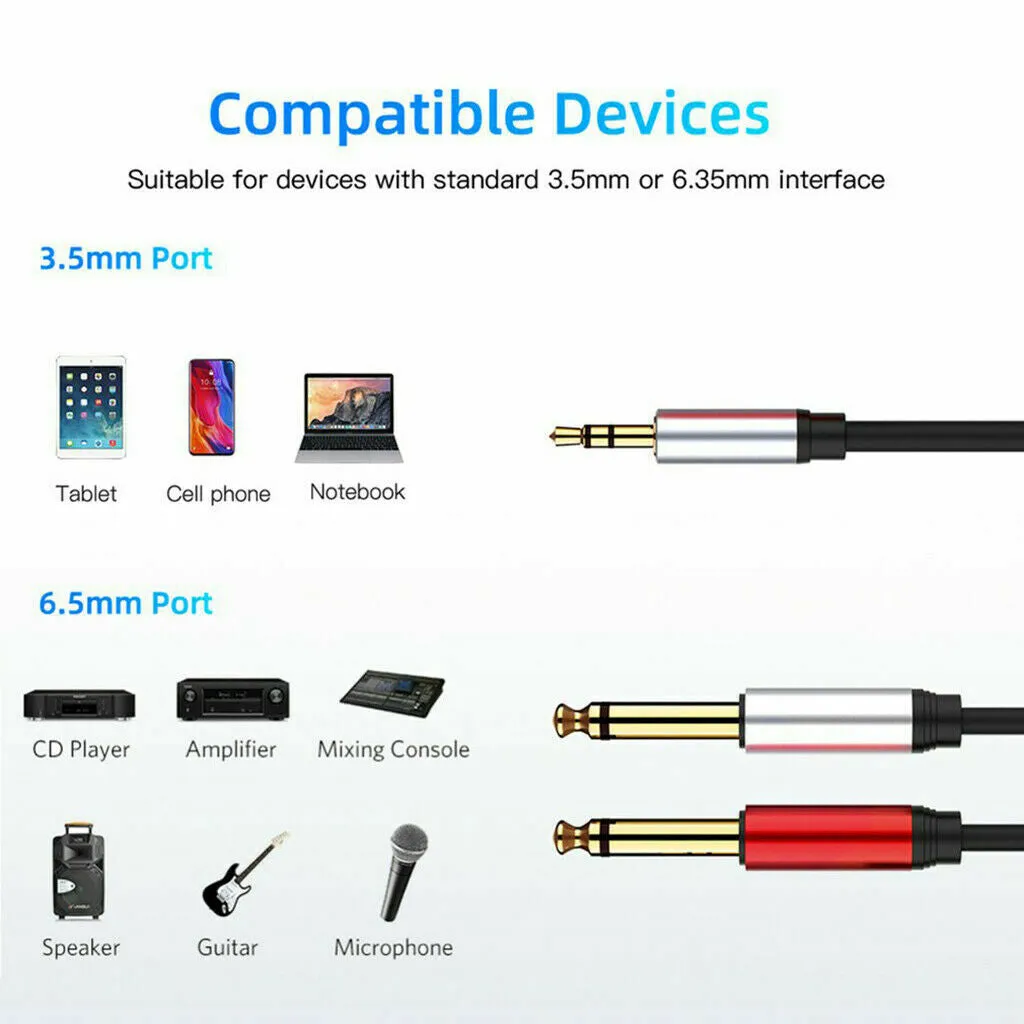 035 3.5mm to Dual 6.35mm/6.5mm Male to Male AUX Audio Cable for Phone MP3 Speaker 1.8m