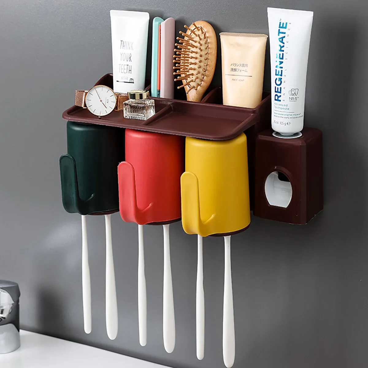 2/3/4 Cups Toothbrush Holder Rack Toothpaste Extruder Dispenser Wall-mounted