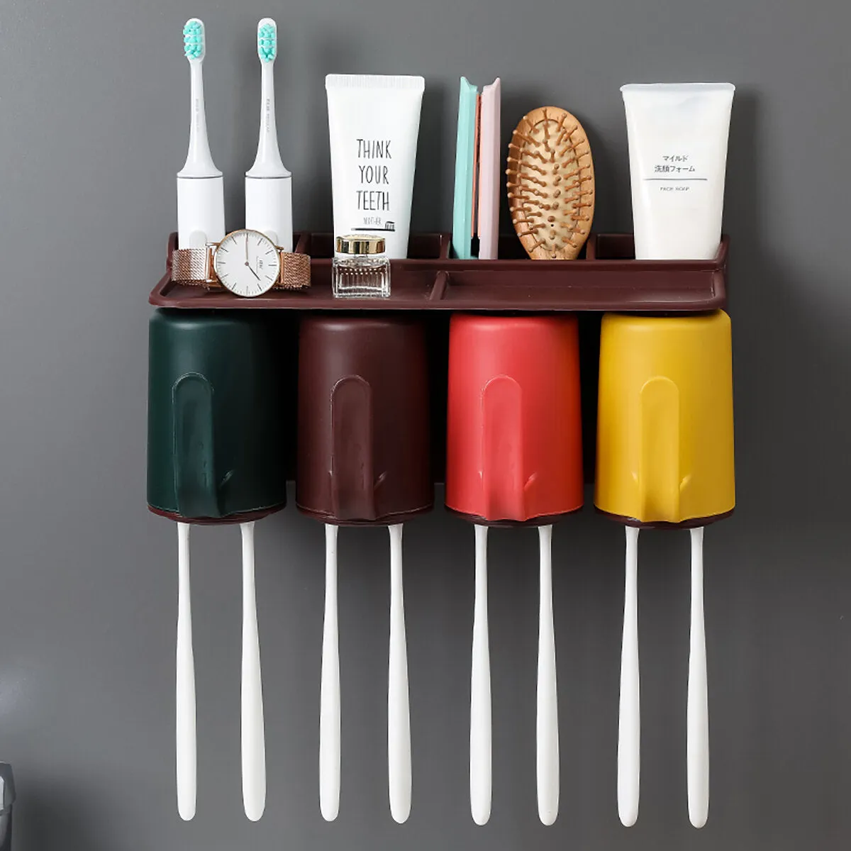 2/3/4 Cups Toothbrush Holder Rack Toothpaste Extruder Dispenser Wall-mounted