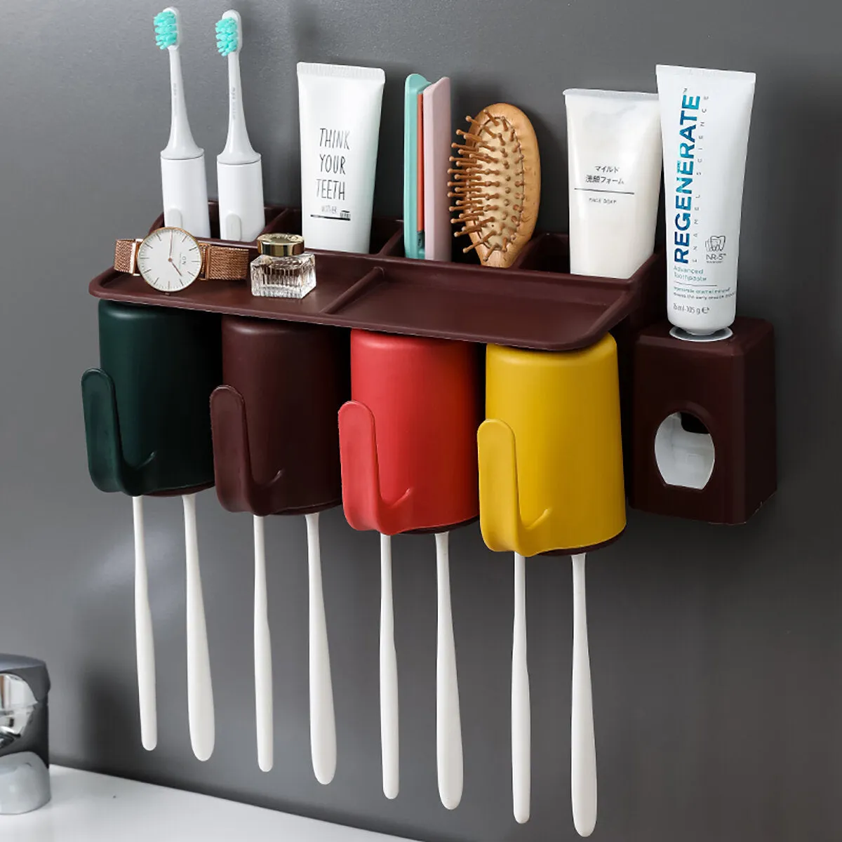 2/3/4 Cups Toothbrush Holder Rack Toothpaste Extruder Dispenser Wall-mounted