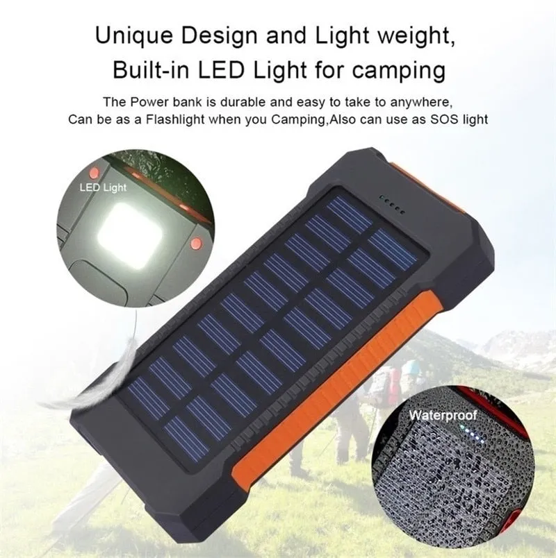 30000mah Solar Charger Portable LED Outdoor Power Bank with Charging Cable for Fast Charging External Battery for Android Iphone