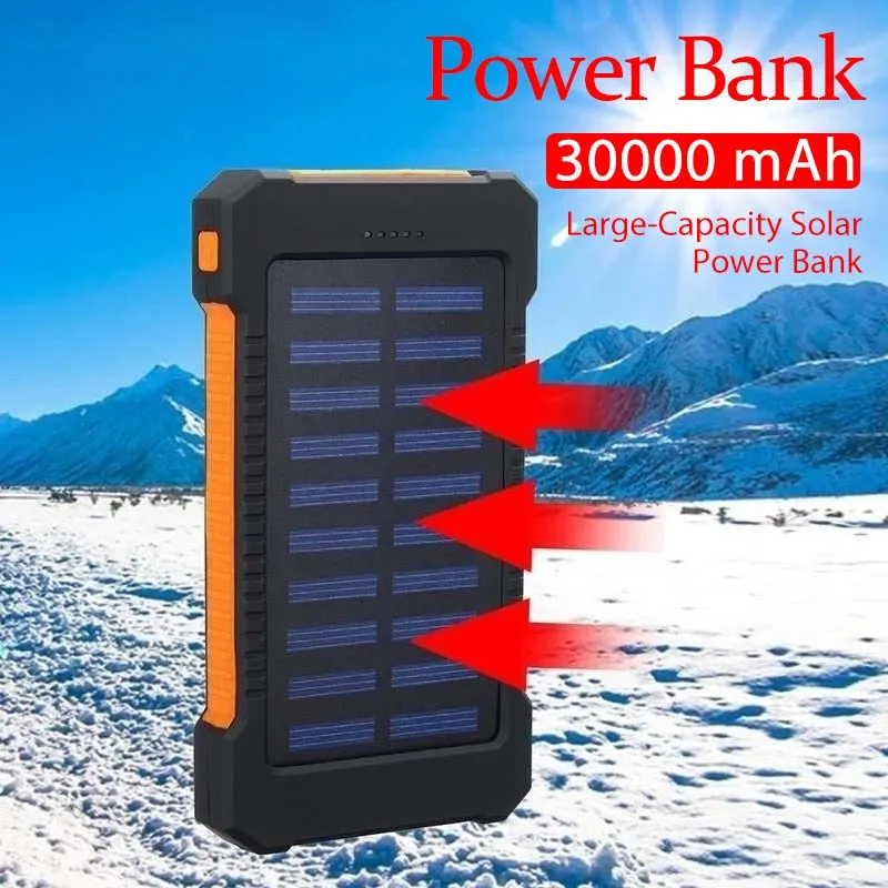 30000mah Solar Charger Portable LED Outdoor Power Bank with Charging Cable for Fast Charging External Battery for Android Iphone