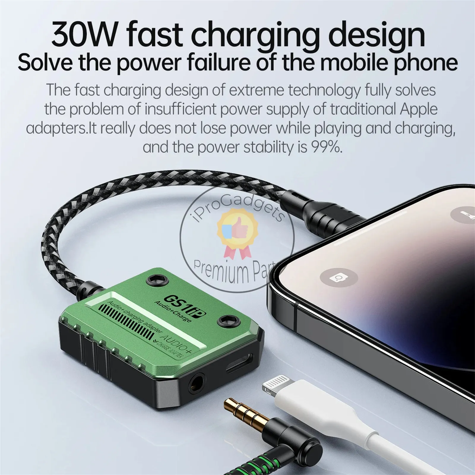 30W Adapter Plextone GS1 2-in-1 Light Ning Charger to 3.5mm Headphone Music Jack Earphones Hi-Res PD Fast Charge Adapter