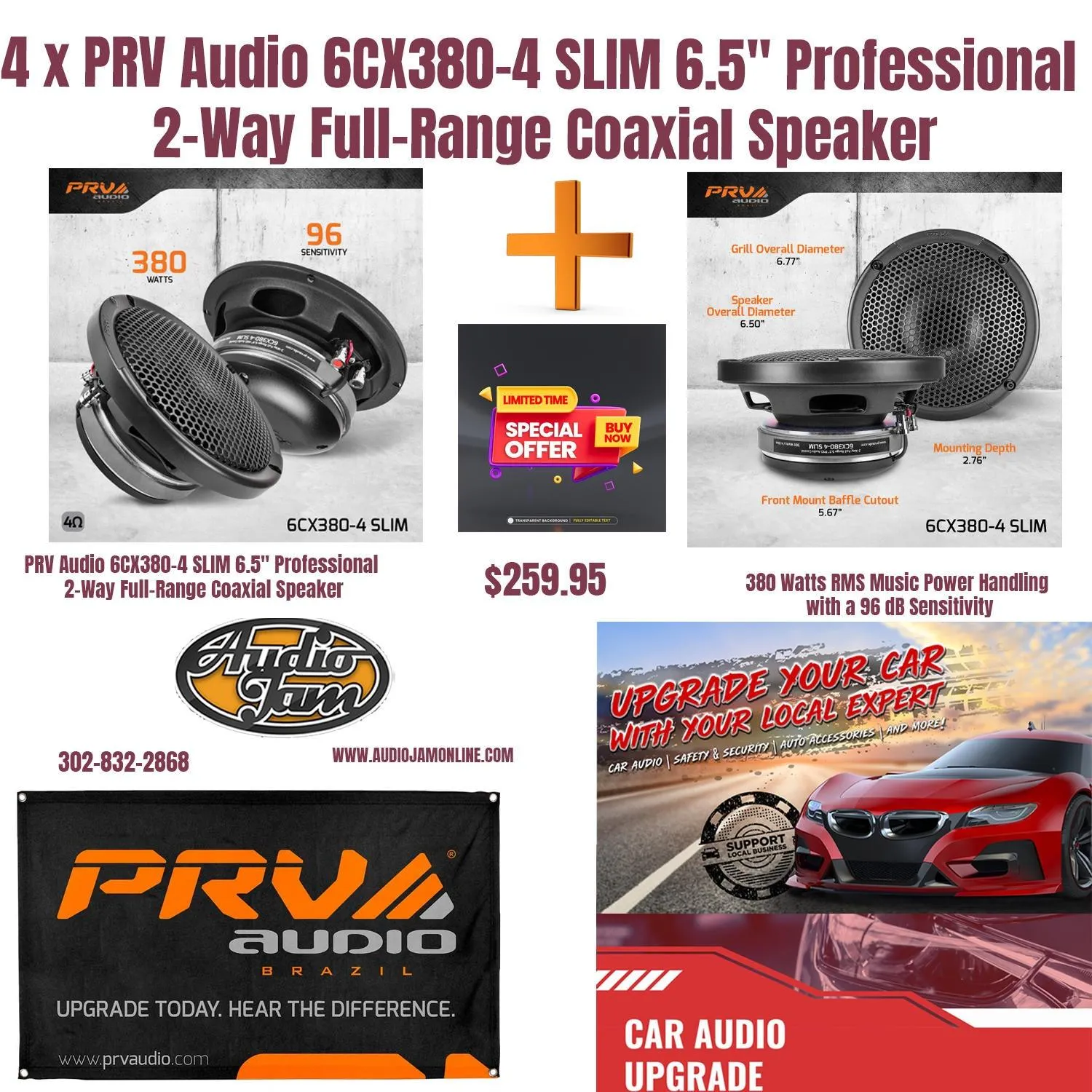 4 x PRV Audio 6CX380-4 SLIM 2-Way Full range 6.5" Pro Audio Coaxial