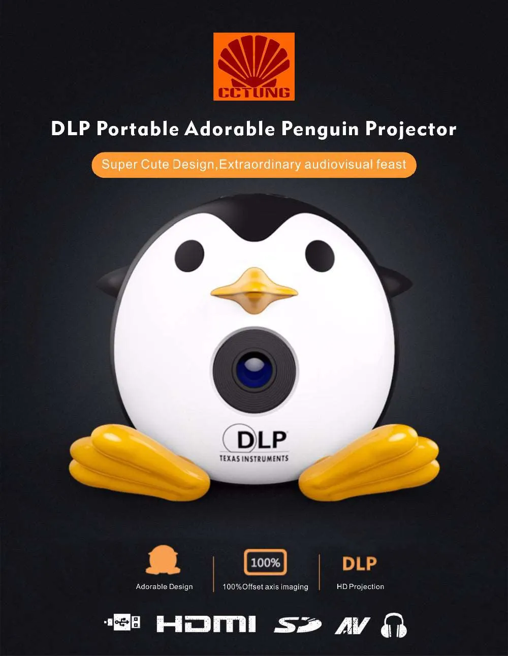 400Lumen Cute Penguin Micro DLP Mobile LED Projector with TF USB HDMI AV Port with Battery Built-in