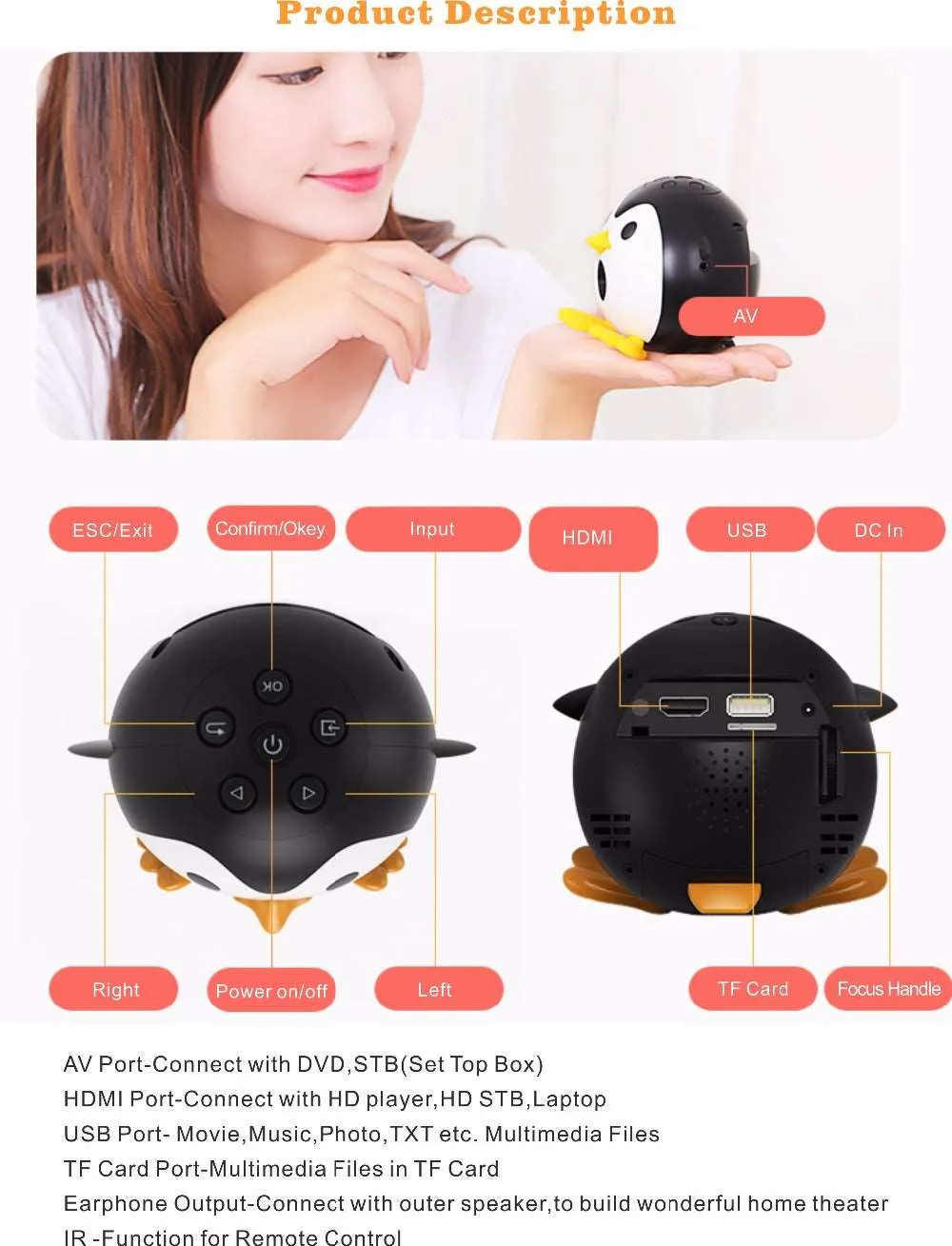 400Lumen Cute Penguin Micro DLP Mobile LED Projector with TF USB HDMI AV Port with Battery Built-in