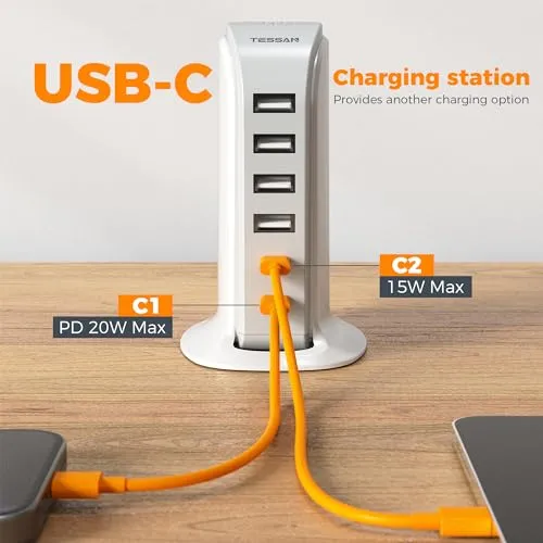 40W USB Charging Station for Multiple Devices, TESSAN USB C Charger Block for iphone13/14/15, ipad, Tablet, Earphone with 6 USB Blocks(2 USB C) USB Charging Tower for Home Office Travel Accessories