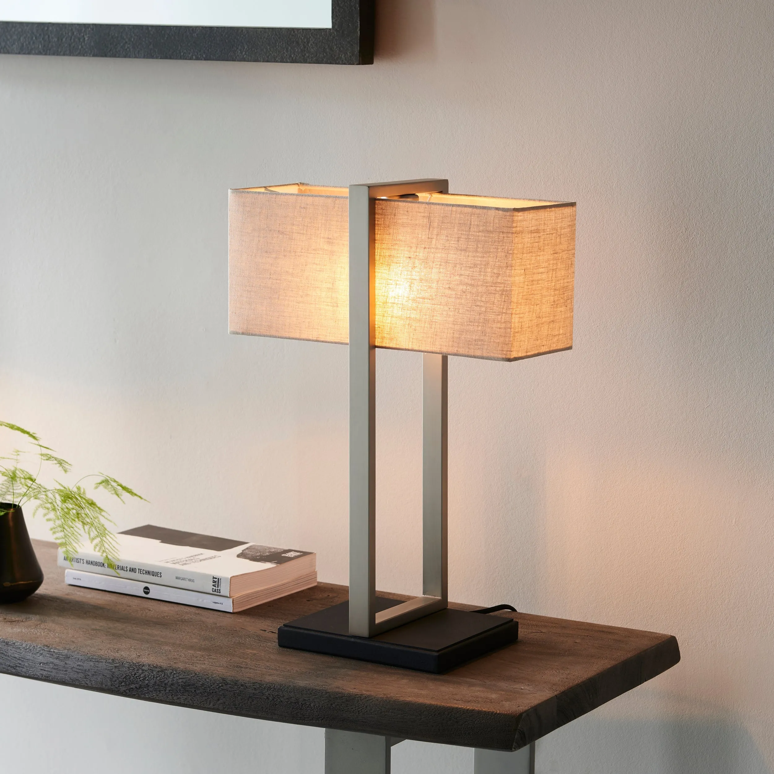 Amos Station Table Lamp Satin Nickel with Shade