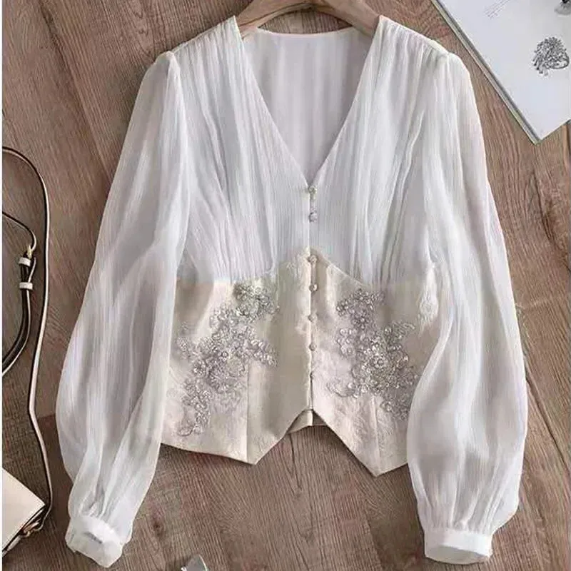 Amozae-Elegant Lantern Sleeve Silk Top Women's Waist-fitted V-neck Shirt Spring High-end Feelsocialite Style Court Wind