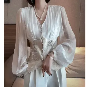 Amozae-Elegant Lantern Sleeve Silk Top Women's Waist-fitted V-neck Shirt Spring High-end Feelsocialite Style Court Wind