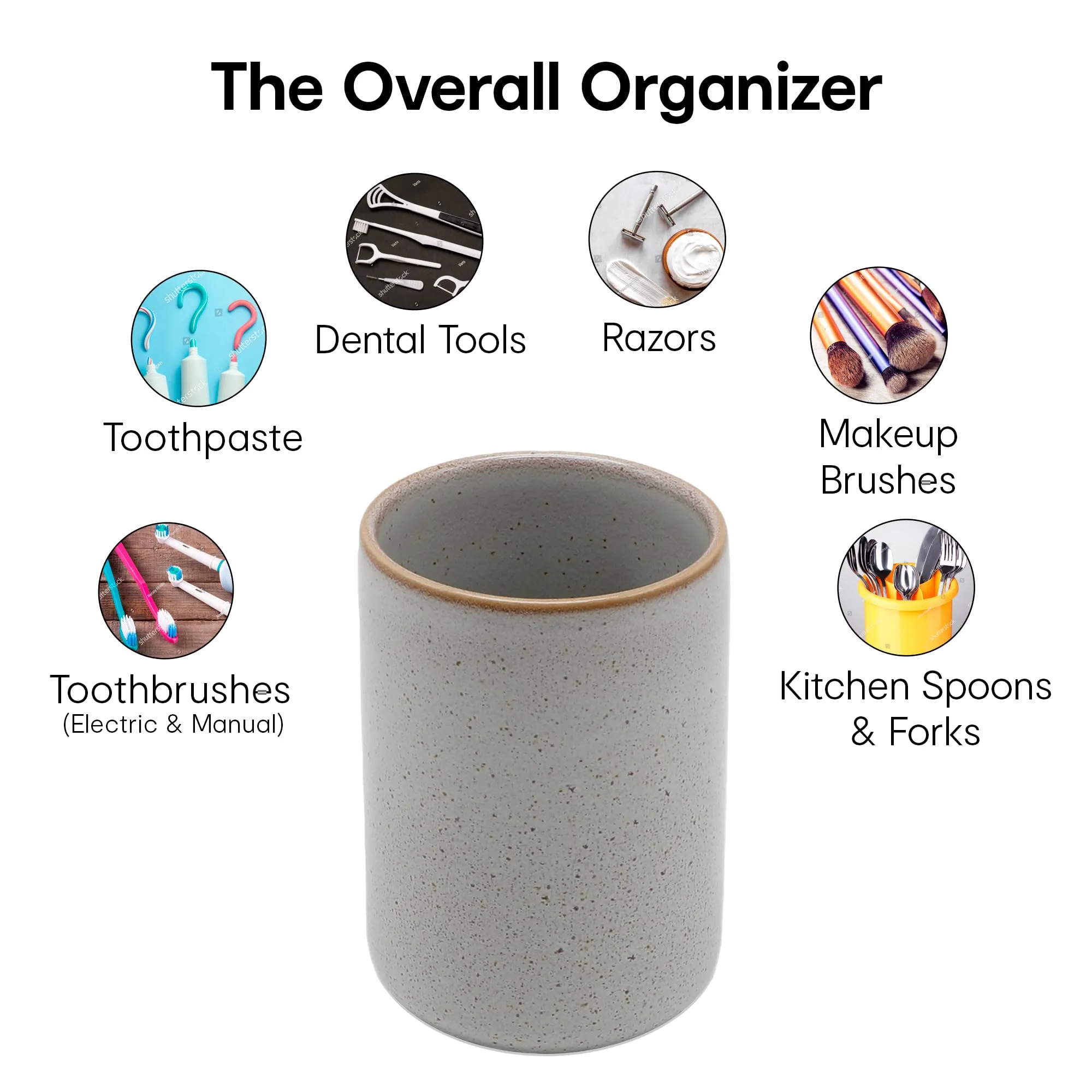 Anko Ceramic Toothbrush Holder for Bathroom | Toothpaste, Makeup Brush Holder for Bathroom | Bathroom Accessories for Wash Basin | Home, Office, Bathroom Organiser | White, Speckled | Set of 3