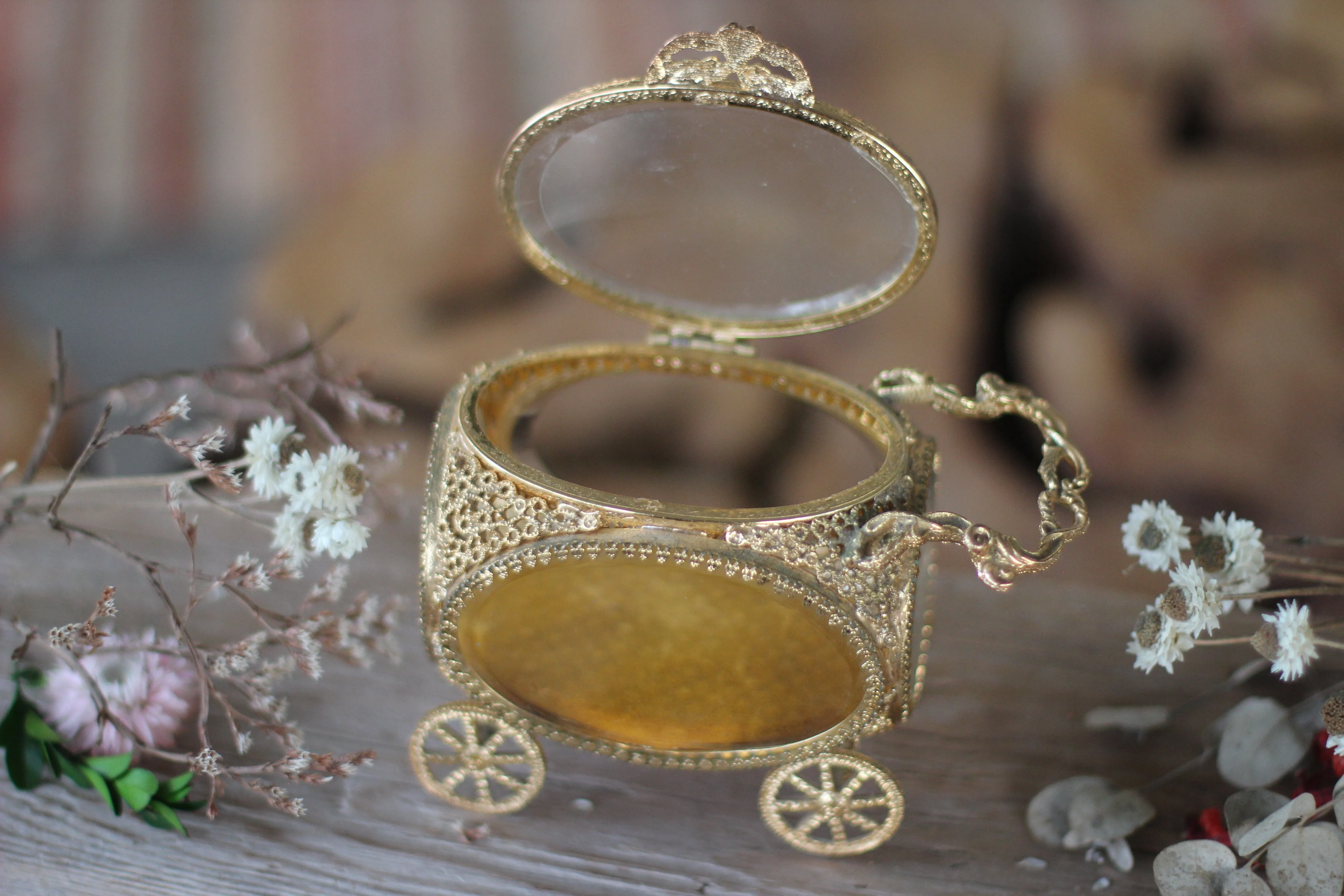 Antique Carriage Glass Filigree Jewelry Box