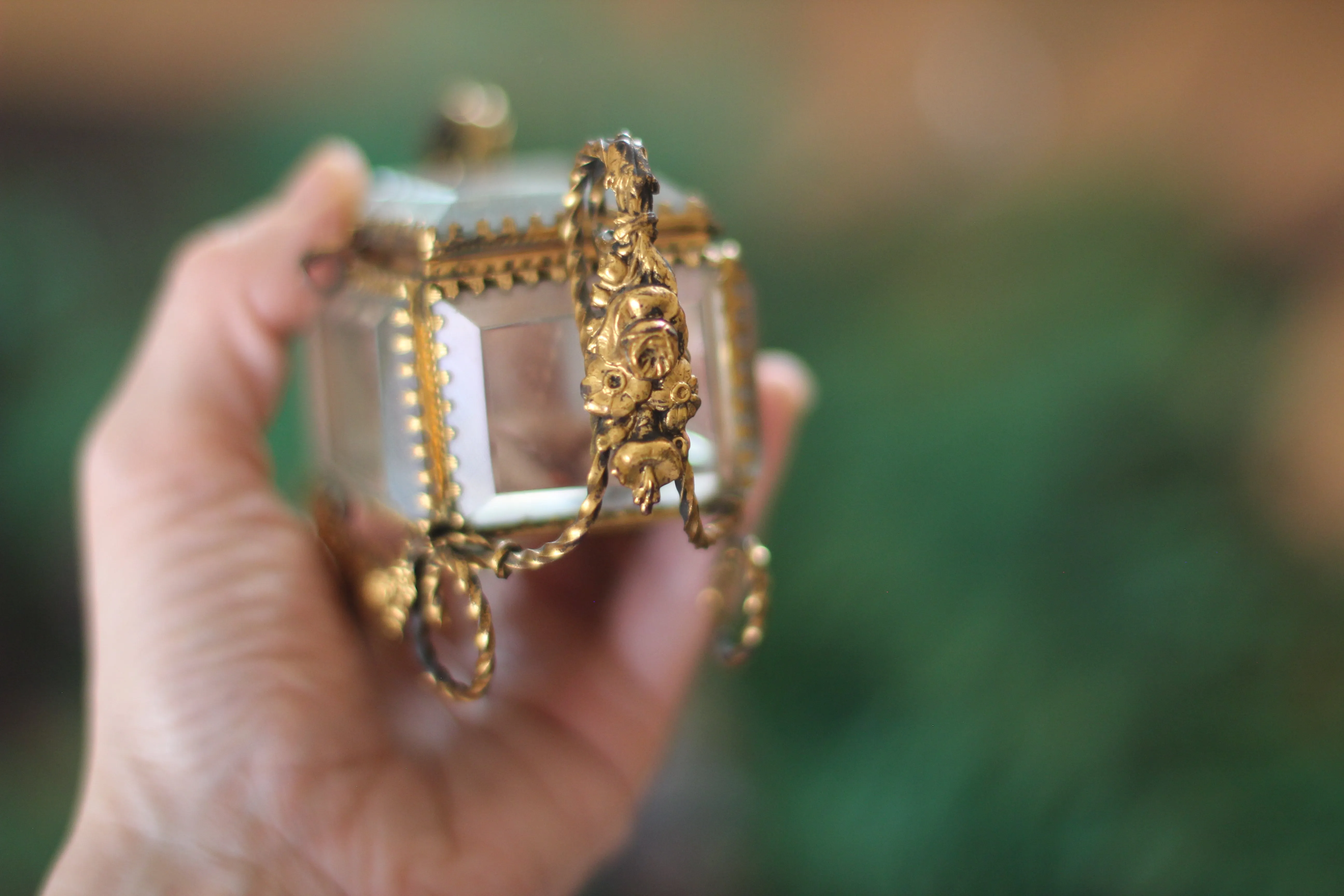 Antique French Victorian Carriage Glass Tufted Filigree Jewelry Box