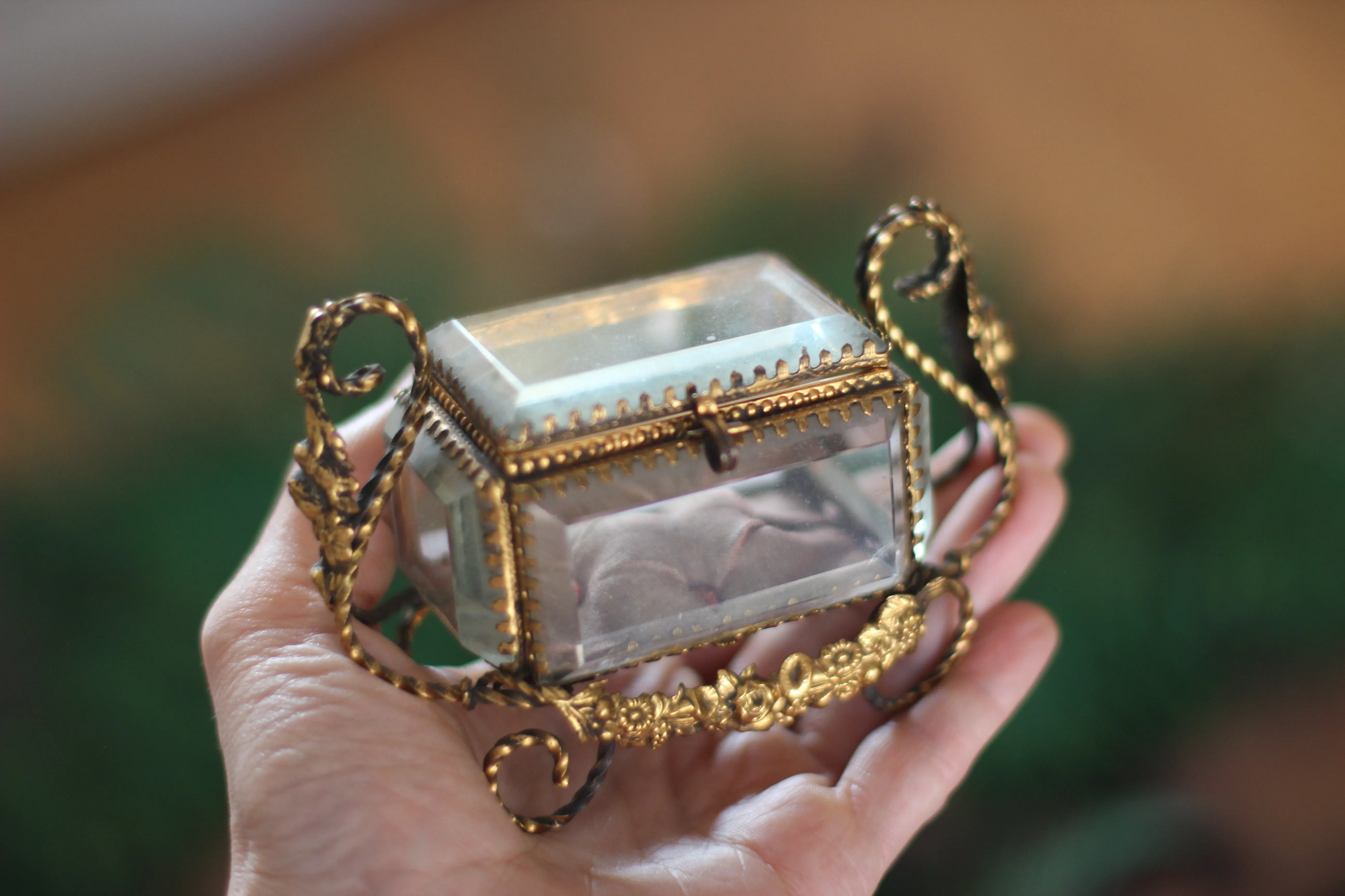 Antique French Victorian Carriage Glass Tufted Filigree Jewelry Box