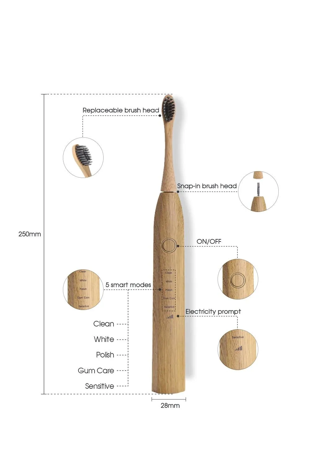 Bamboo Electric Toothbrush with Nylon Bristles (USB or wireless charging)