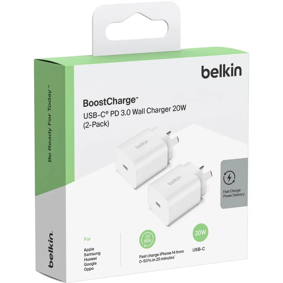 Belkin BoostCharge USB-C PD 3.0 Wall Charger 20W (2-Pack)