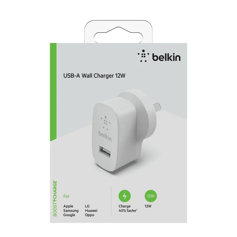 BELKIN SINGLE PORT 12W USB-A HOME WALL CHARGER WCA002AUWH