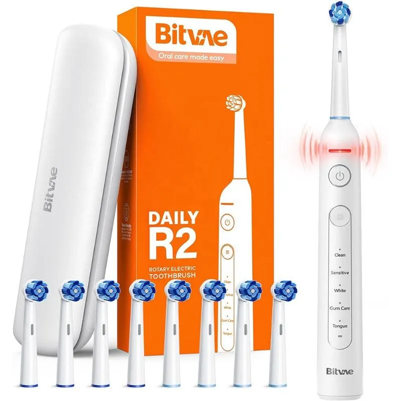 Bitvae R2 Rotating Electric Toothbrush for Adults with 8 Brush Heads, Travel Case, 5 Modes Rechargeable Power Toothbrush with Pressure Sensor, 3 Hours Fast Charge for 30 Days