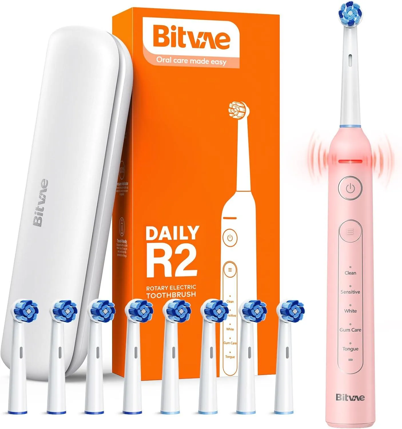 Bitvae R2 Rotating Electric Toothbrush for Adults with 8 Brush Heads, Travel Case, 5 Modes Rechargeable Power Toothbrush with Pressure Sensor, 3 Hours Fast Charge for 30 Days