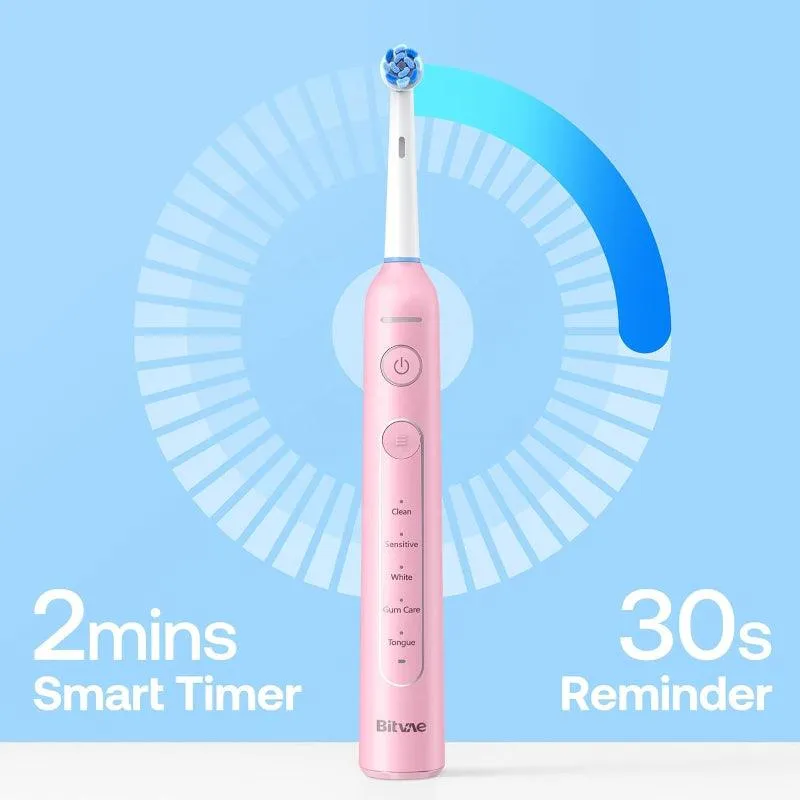 Bitvae R2 Rotating Electric Toothbrush for Adults with 8 Brush Heads, Travel Case, 5 Modes Rechargeable Power Toothbrush with Pressure Sensor, 3 Hours Fast Charge for 30 Days