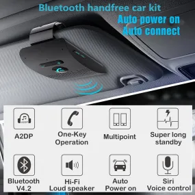 Bluetooth Handsfree Car Kit 4.2 Sun Visor clip Wireless Audio Receiver Speakerphone Loud Speaker Music Player Dual Microphone