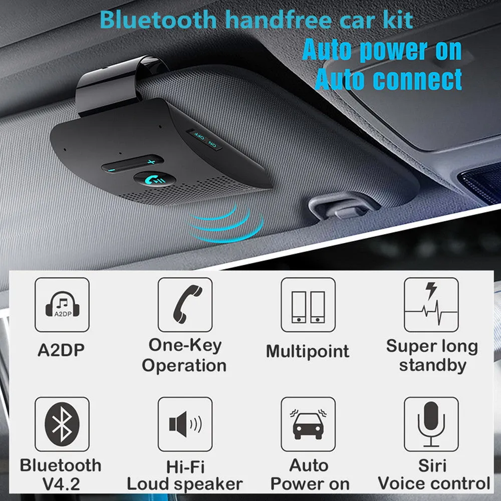 Bluetooth Handsfree Car Kit 4.2 Sun Visor clip Wireless Audio Receiver Speakerphone Loud Speaker Music Player Dual Microphone