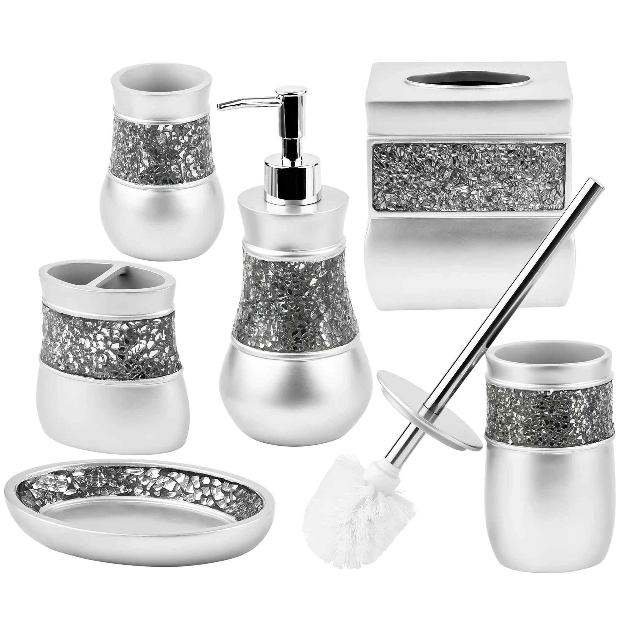 Brushed Nickel 6 Piece Toilet Brush Bathroom Accessories Set