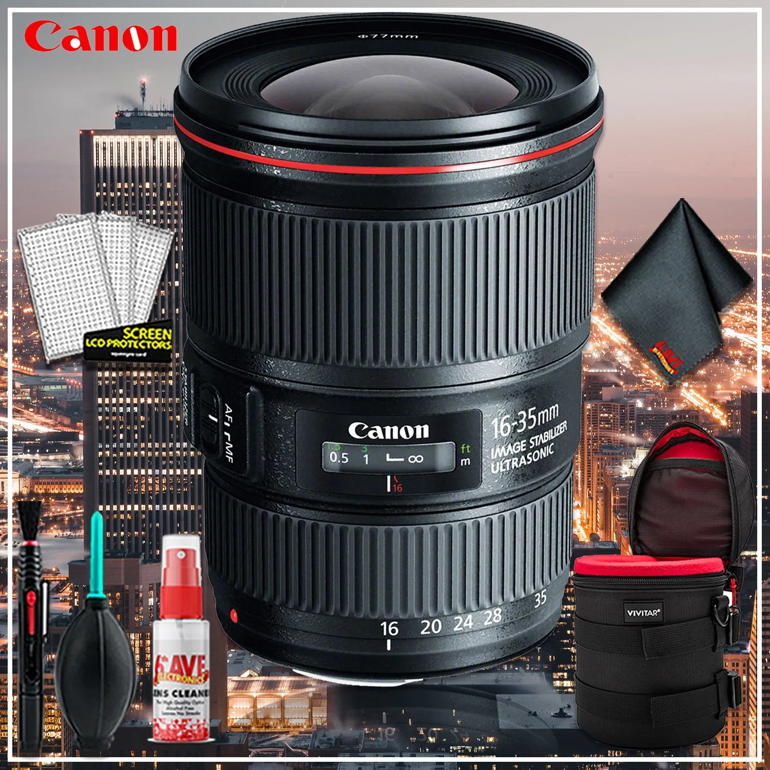 Canon EF 16-35 4.0 f/4 L IS USM (Intl Model)   6 inch Vivitar Premium Lens Case   Cleaning Kit