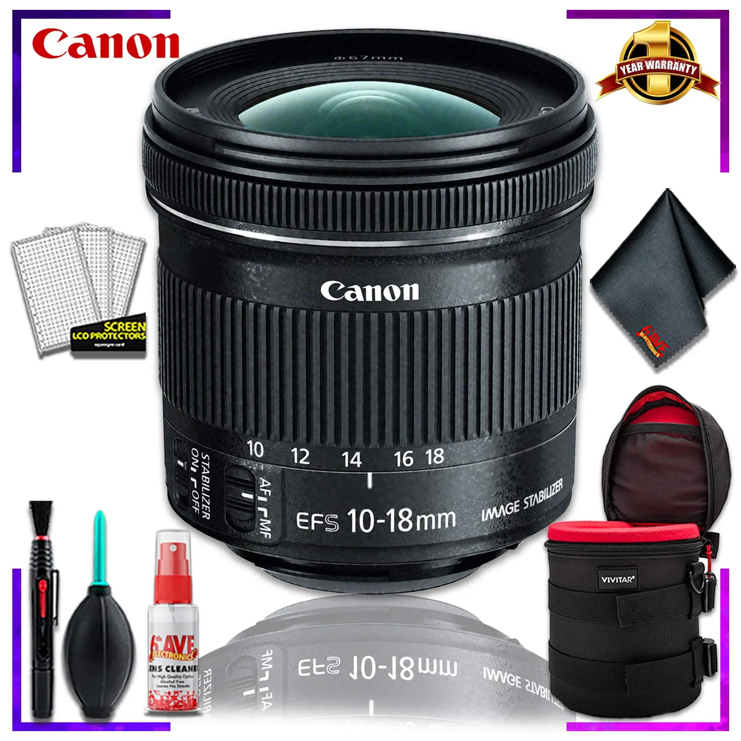 Canon EF-S 10-18mm f.4.5-5.6 is STM Lens (International Model)   4.5 inch Vivitar Premium Lens Case   Cleaning Kit