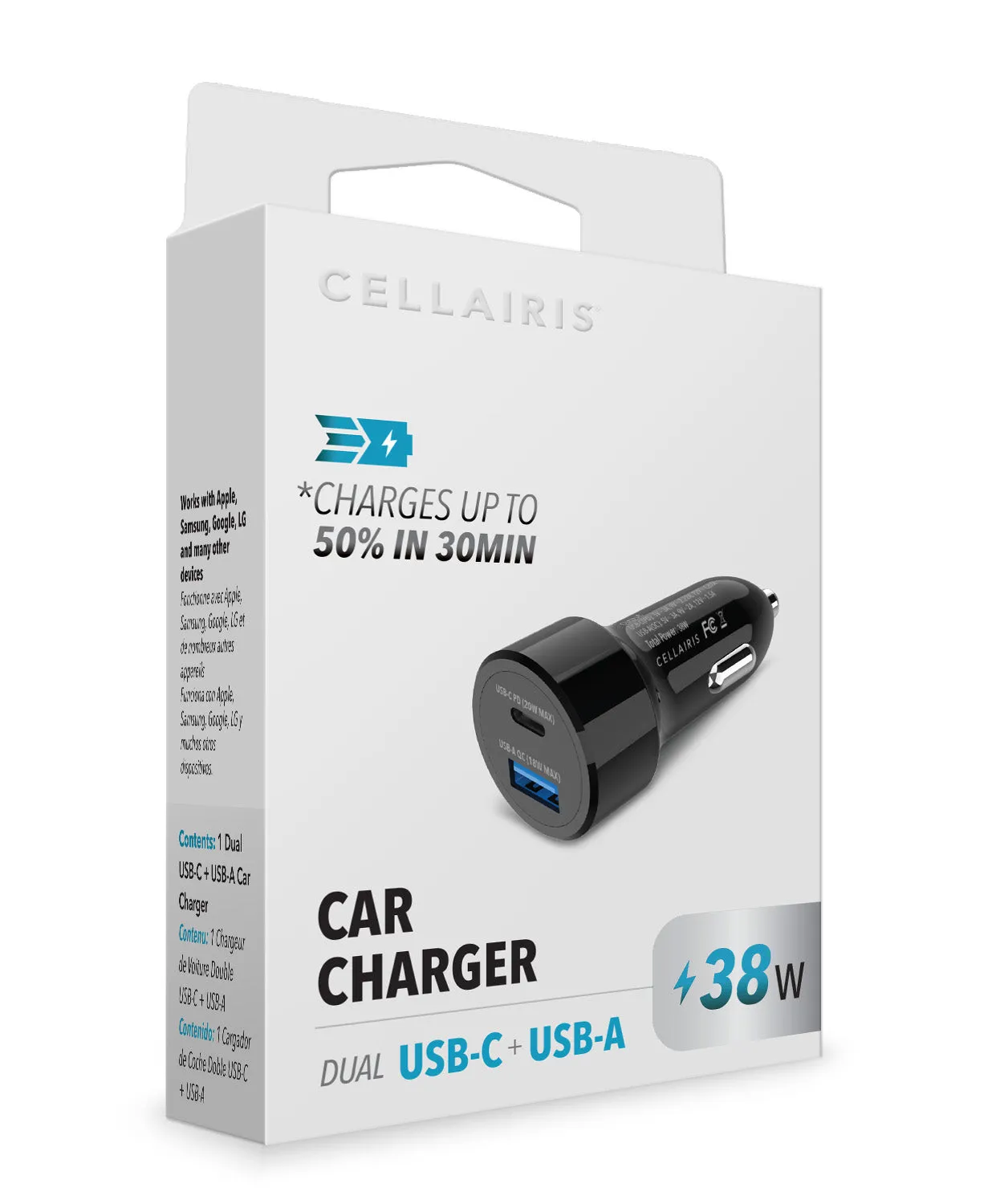 Car Charger - Dual USB-A   USB-C 38W Black Power