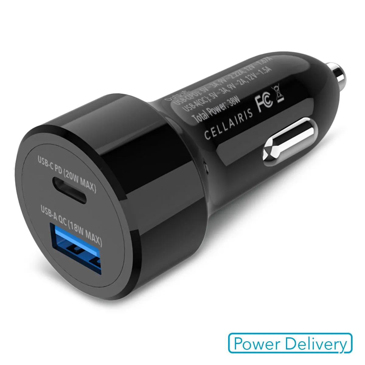 Car Charger - Dual USB-A   USB-C 38W Black Power