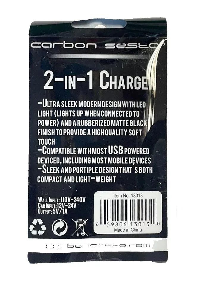 Carbon Sesto 2 in 1 USB Fast Charger Cable For Power & Mobile Device (1 Pack)