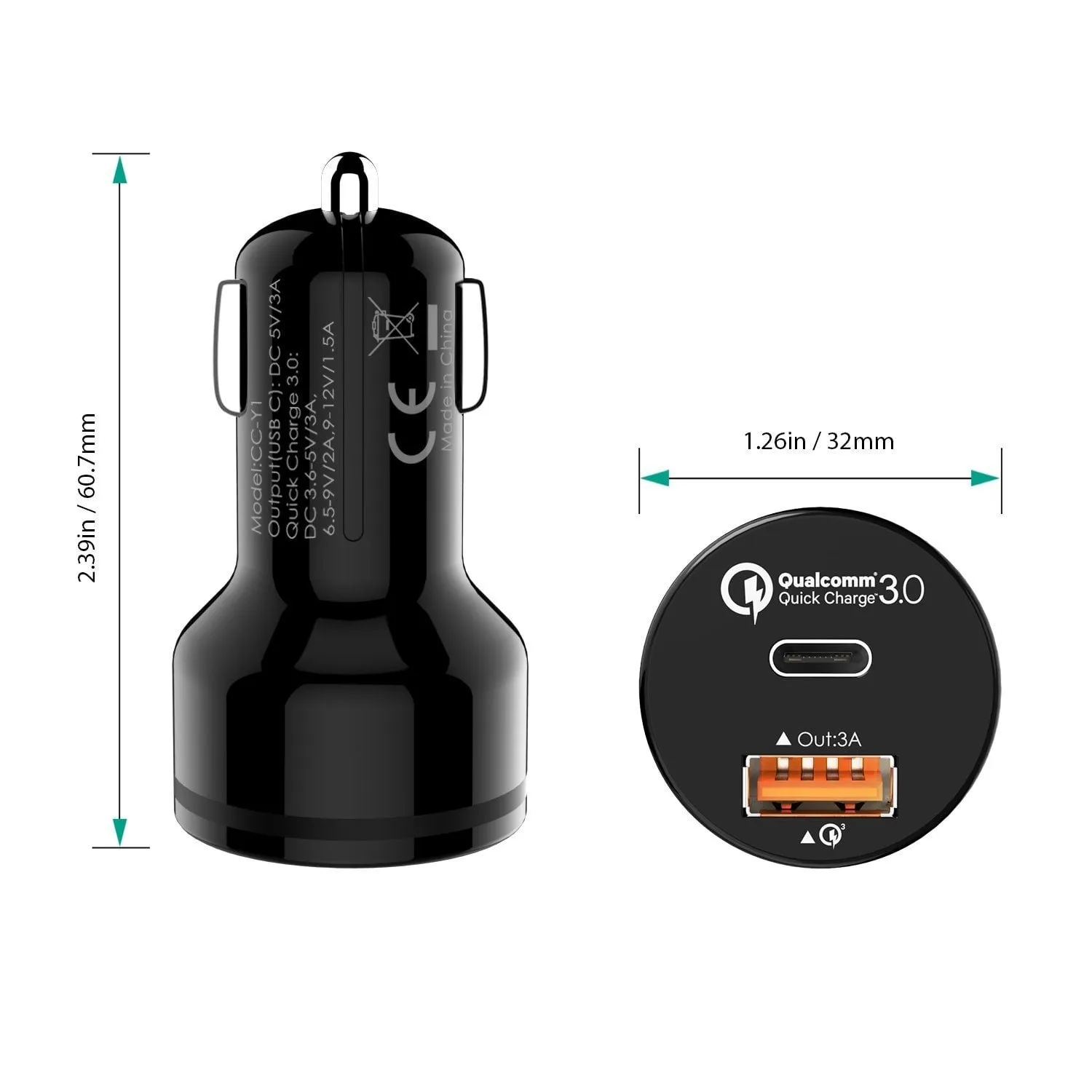 CC-Y1 33W USB C & Qualcomm Quick Charge 3.0 Car Charger