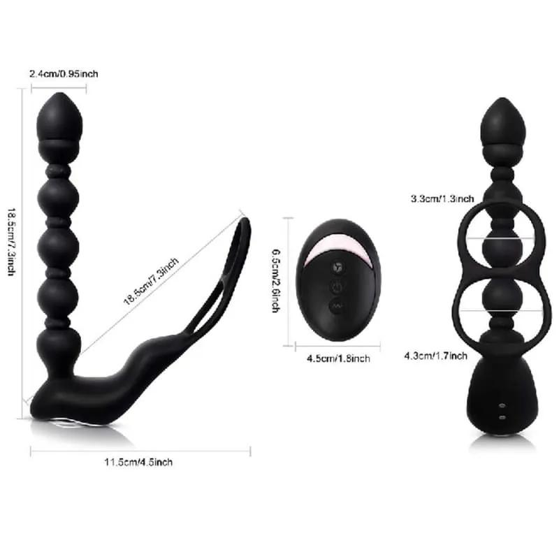 Curved Black Silicone Pull Bead Vibrating Massaging Shock Masturbator