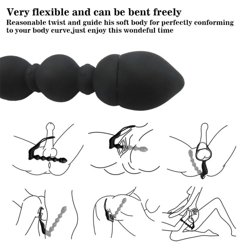 Curved Black Silicone Pull Bead Vibrating Massaging Shock Masturbator