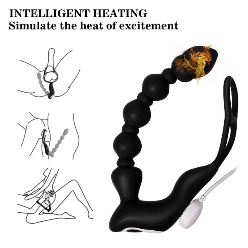 Curved Black Silicone Pull Bead Vibrating Massaging Shock Masturbator