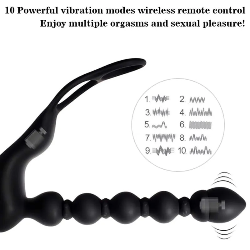 Curved Black Silicone Pull Bead Vibrating Massaging Shock Masturbator