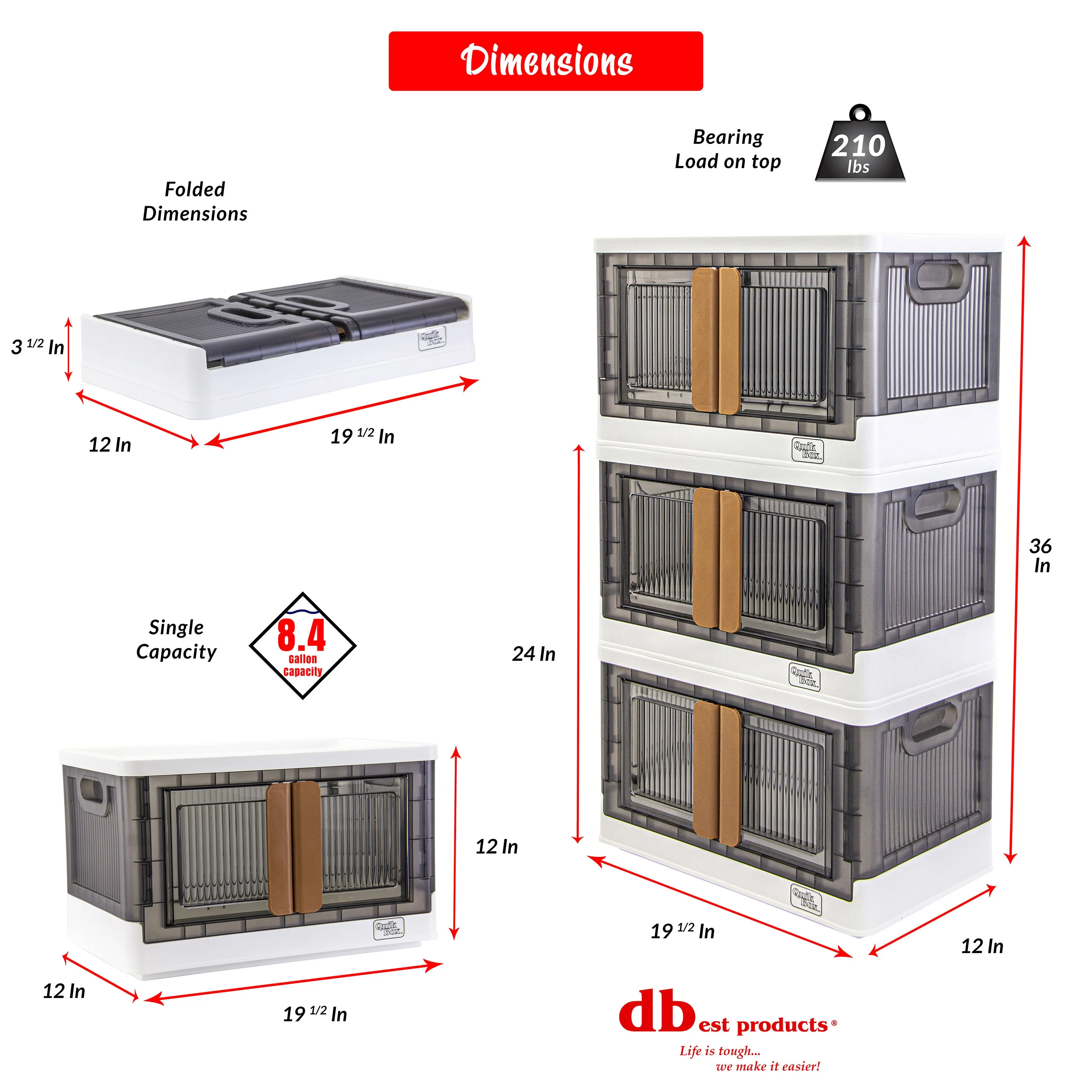 dbest products Quik Box - 8.4 Gallon Stackable Storage Bins with Doors, Collapsible Organizer Foldable Container, for Bedroom Living Room Kitchen Neat, Tidy Dorms and Organized Homes Boxes White