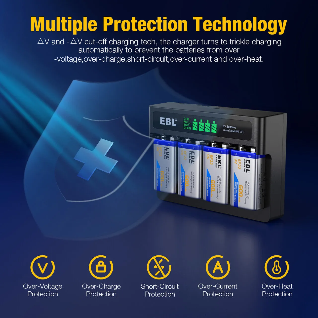 EBL Rechargeable 9V Li-ion Batteries with M7014LW Battery Charger