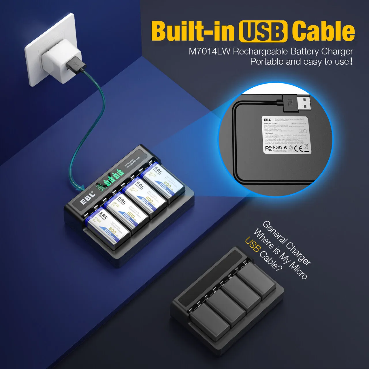 EBL Rechargeable 9V Li-ion Batteries with M7014LW Battery Charger