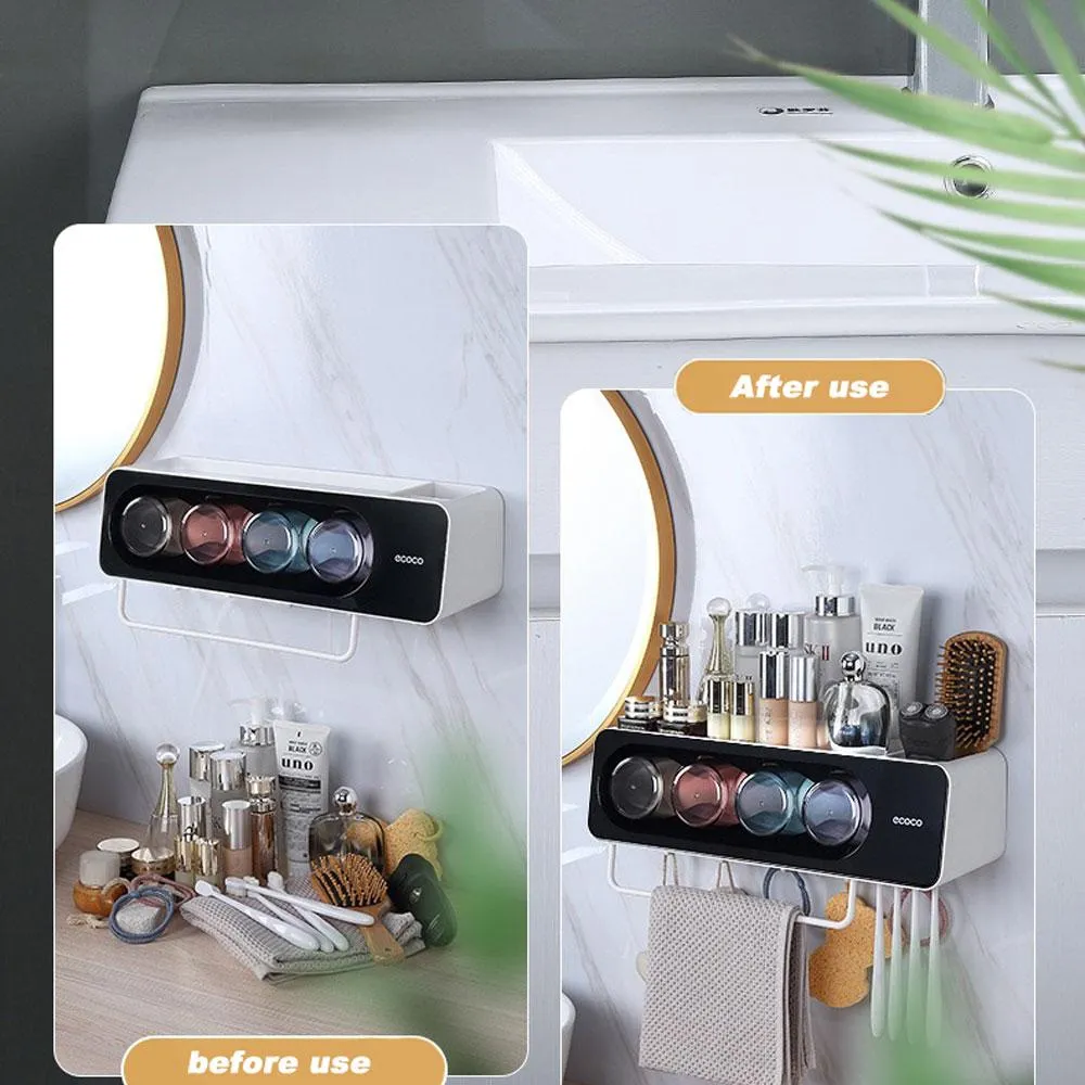 Ecoco Wall-Mounted Toothbrush Holder with 4 Cups and 4 Toothbrush Slots Toiletries Bathroom Storage Rack