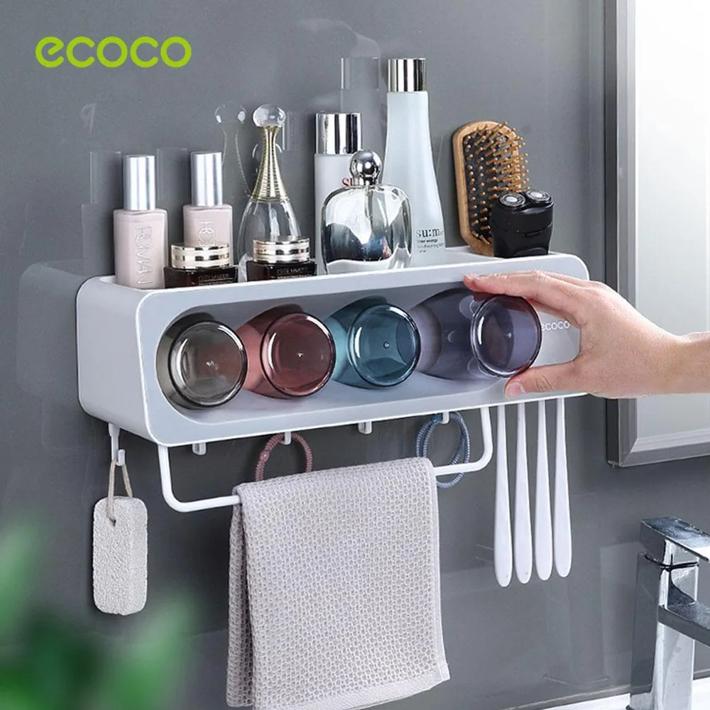 Ecoco Wall-Mounted Toothbrush Holder with 4 Cups and 4 Toothbrush Slots Toiletries Bathroom Storage Rack