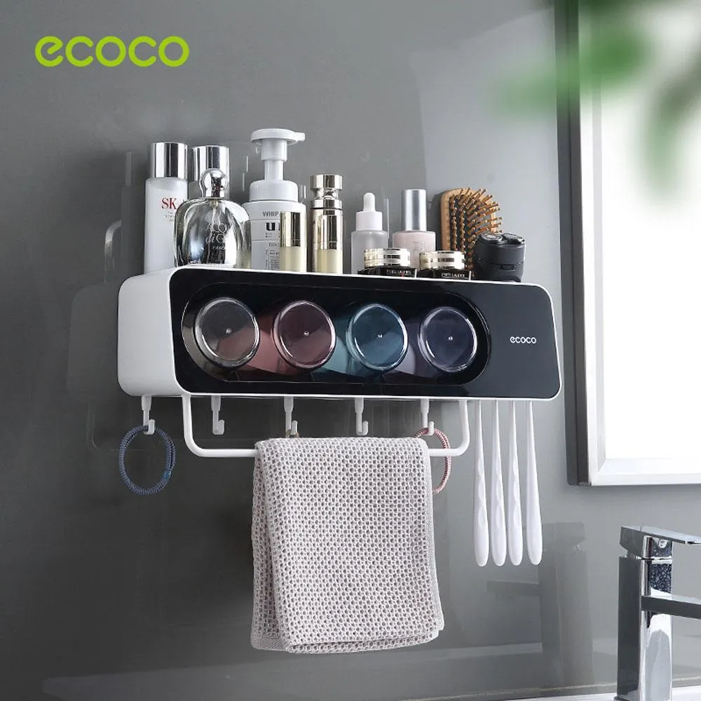 Ecoco Wall-Mounted Toothbrush Holder with 4 Cups and 4 Toothbrush Slots Toiletries Bathroom Storage Rack