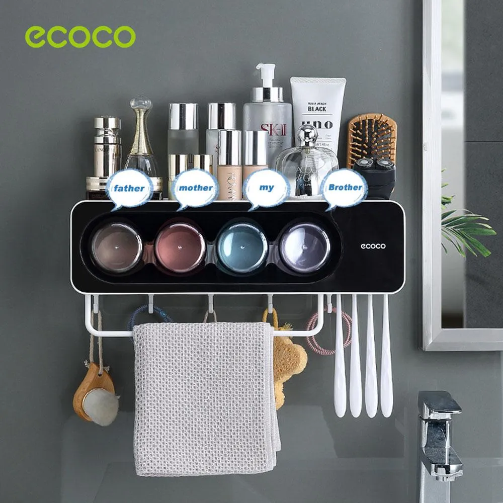 Ecoco Wall-Mounted Toothbrush Holder with 4 Cups and 4 Toothbrush Slots Toiletries Bathroom Storage Rack