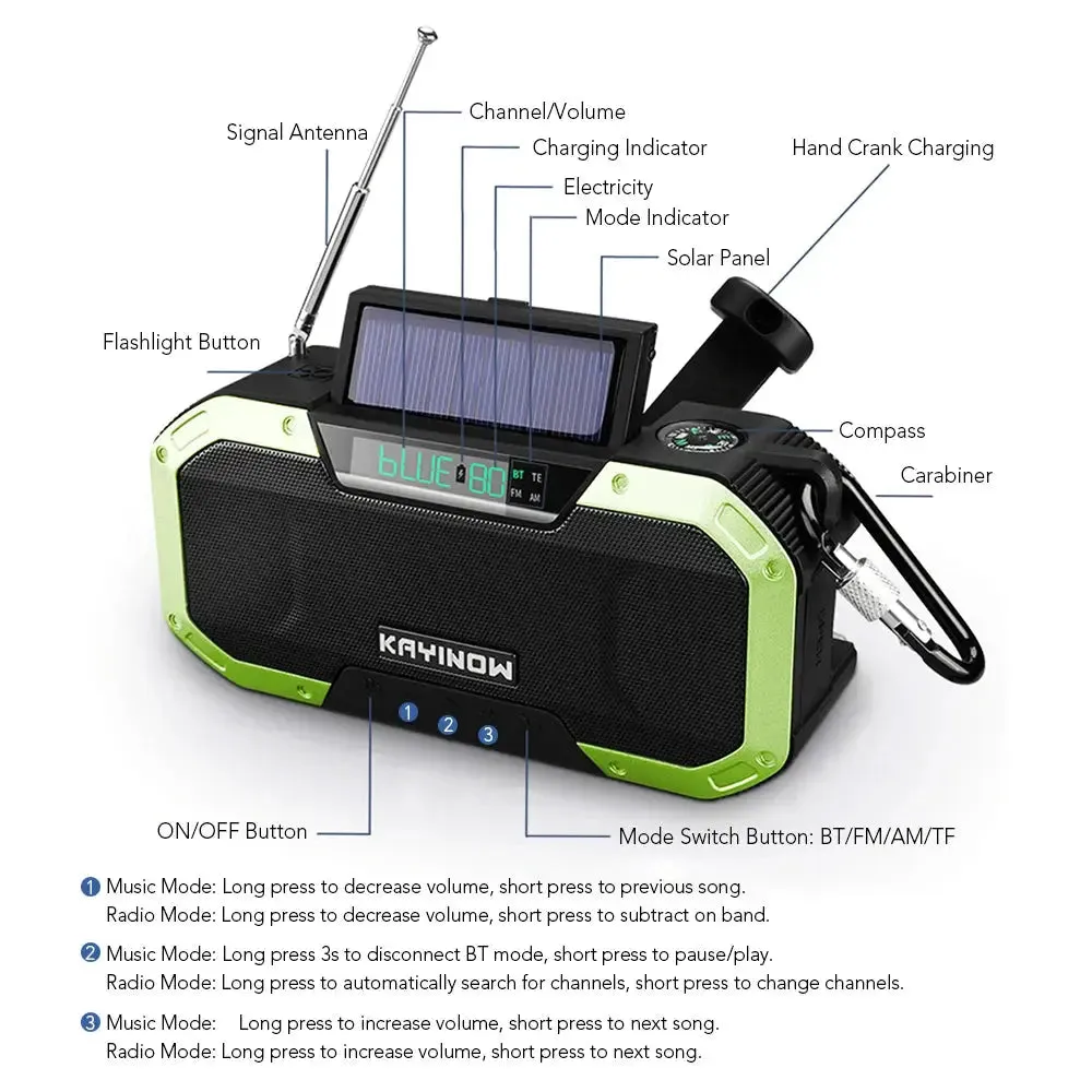 Emergency Radio Hand Crank Radio Solar Powered AM/FM Weather Radio BT5.0 Speaker LED Flashlight 5000mAh Power Bank Phone Charger