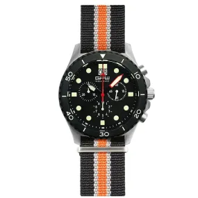 German Military Titanium Chronograph. GPW Mission Chrono. Big Date. 10 BAR W/R. Sapphire Crystal. Black, White & Orange Nylon Strap.