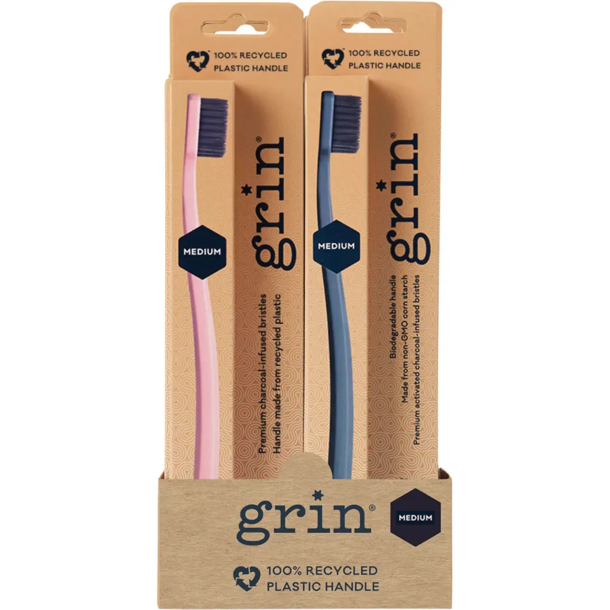 GRIN 8 Pack Medium Biodegradable Toothbrush Pink