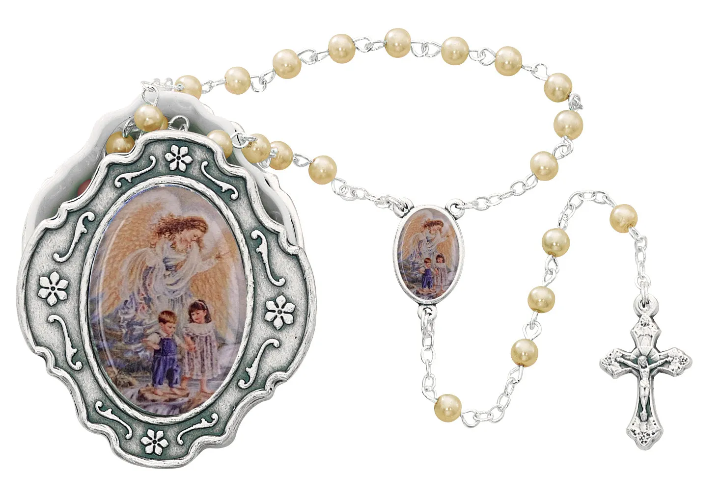 Guardian Angel Box and Pearl Like Rosary  - 760-93