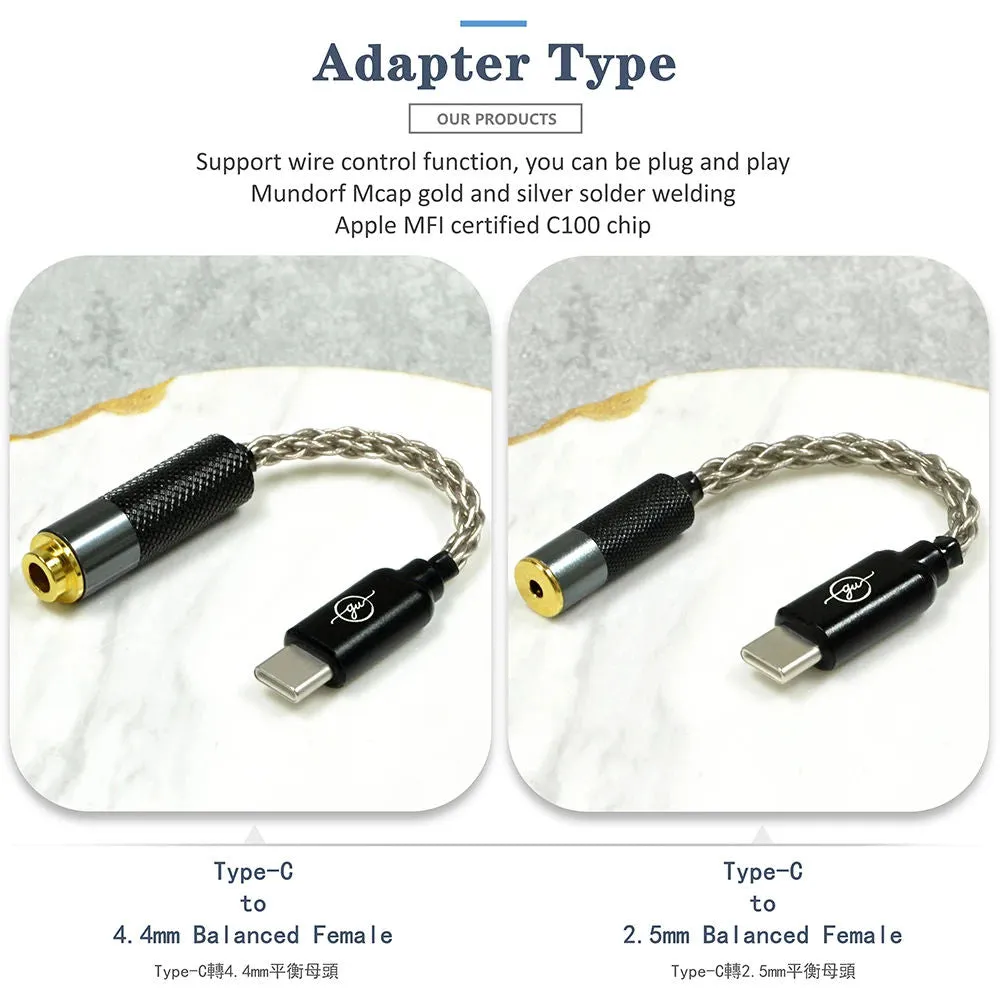 GUCraftsman HIFI USB Type-C to Jack 3.5/2.5/4.4 Cable Adapter For Android Mobile Phone Huawei Xiaomi Oppo Vivo SAMSUNG