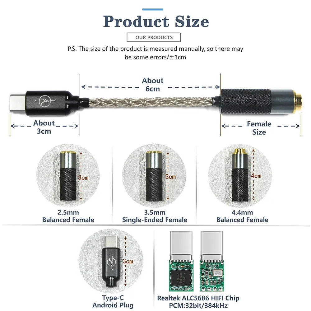 GUCraftsman HIFI USB Type-C to Jack 3.5/2.5/4.4 Cable Adapter For Android Mobile Phone Huawei Xiaomi Oppo Vivo SAMSUNG